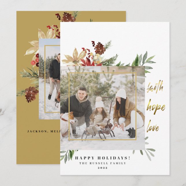 Festive Gold Faith Hope Love Two Photo Christmas Holiday Card (Front/Back)
