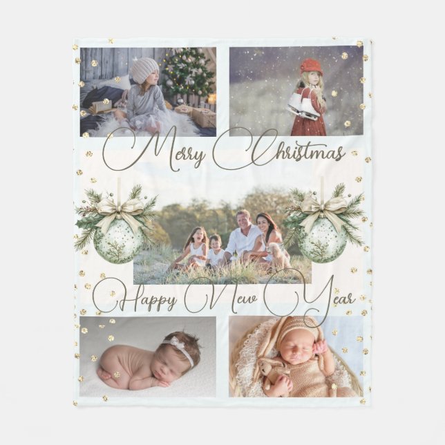 Festive Gold Family Collage Photos Christmas Fleece Blanket (Front)