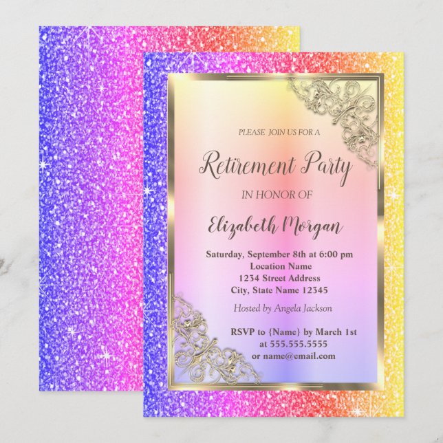 Festive Gold Frame,Colourful Glitter Retirement Invitation (Front/Back)