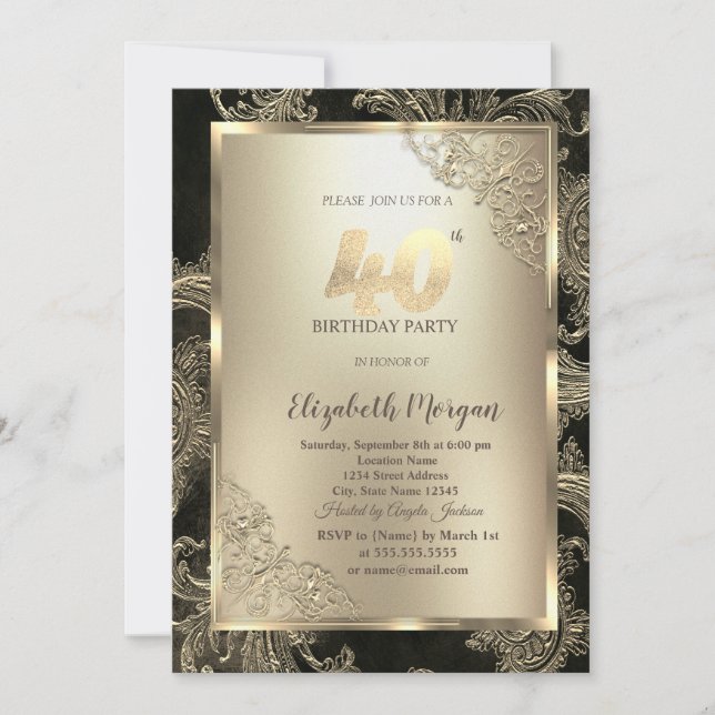 Festive Gold Frame,Floral Damask 40th Birthday  Invitation (Front)