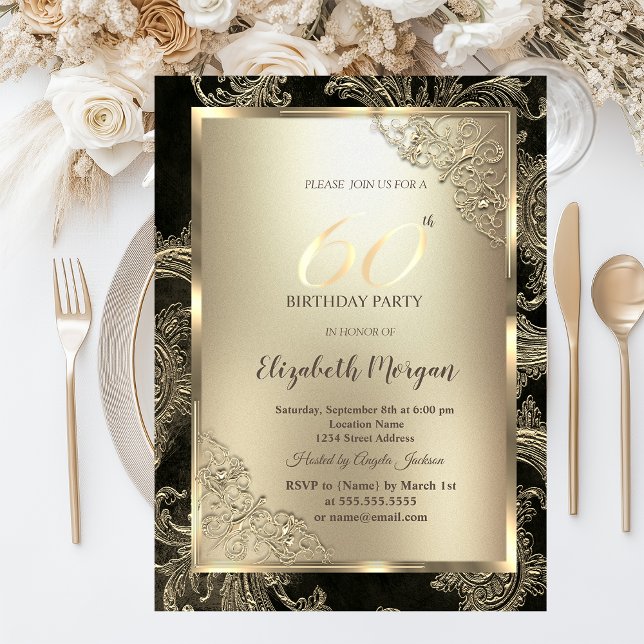 Festive Gold Frame,Floral Damask 60th Birthday  Invitation (Creator Uploaded)