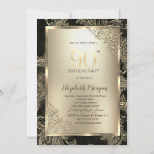 Festive Gold Frame,Floral Damask 90th Birthday  Invitation
