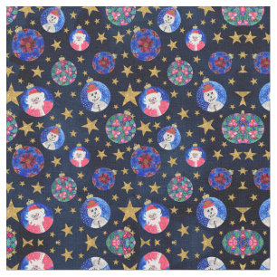 Festive Gold Glitter Stars Ornaments Watercolor Fabric