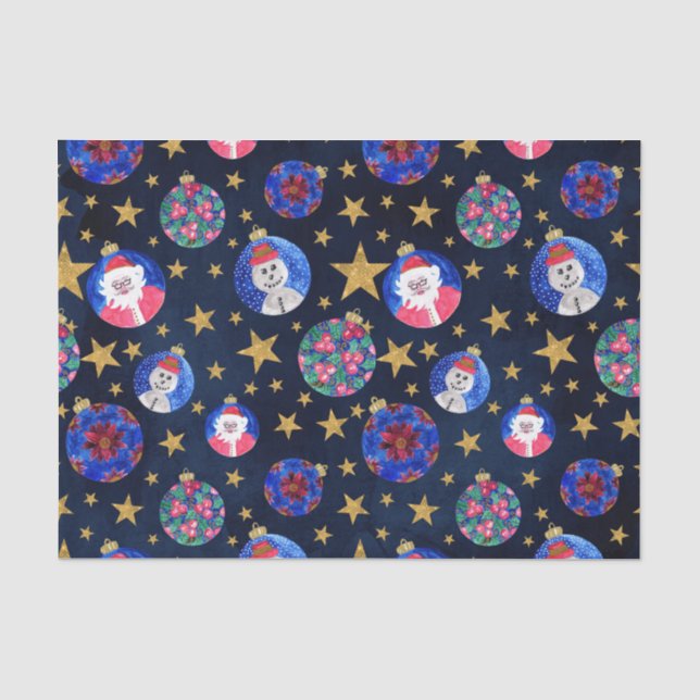 Festive Gold Glitter Stars Ornaments Watercolor Tissue Paper (Front)