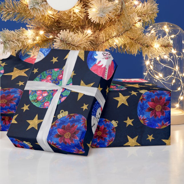 Festive Gold Glitter Stars Ornaments Watercolor Wrapping Paper (Holidays)