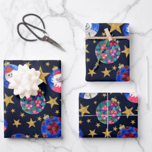 Festive Gold Glitter Stars Ornaments Watercolor Wrapping Paper Sheet