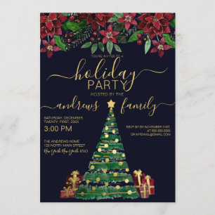 Festive Gold Holiday Tree Gifts Floral Holiday Invitation