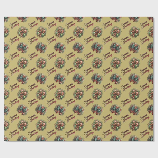 Festive Gold Holly And Wreath Wrapping Paper (Flat)