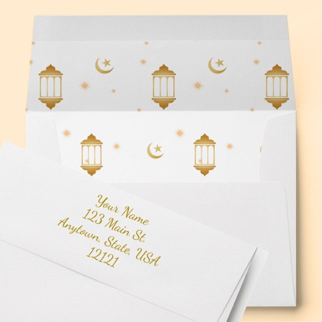Festive Gold Lantern Moon Stars Return Address Eid Envelope (These elegant gold lantern, moon + stars return address envelopes are great for Eid sendings!)