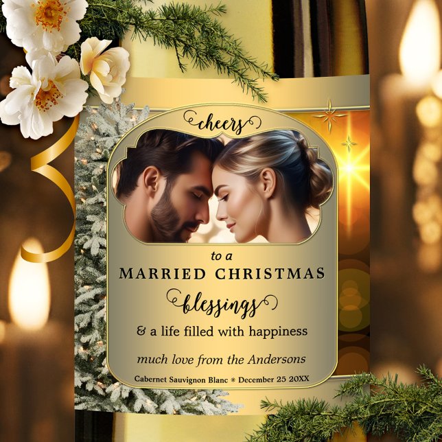 Festive Gold Photo Married Christmas  Wine Label (Festive Christmas wine label featuring your photo on an elegant gold background with tree and stars)