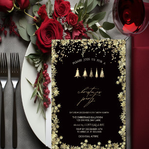 Festive Gold Pine Trees,Stars Christmas Party Invitation
