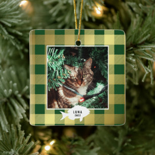 Festive Gold Plaid Cat Name Christmas Ceramic Ornament