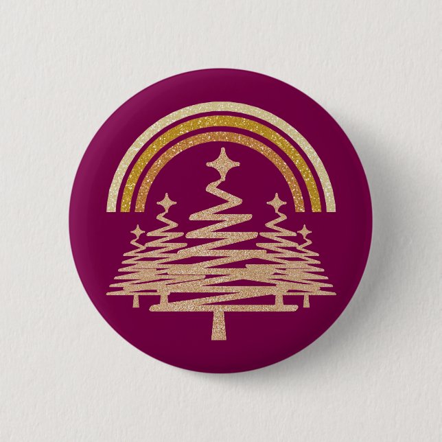 Festive Gold Rainbow Sparkling Fir Trees 2 Inch Round Button (Front)
