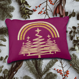 Festive Gold Rainbow Sparkling Fir Trees Accent Pillow