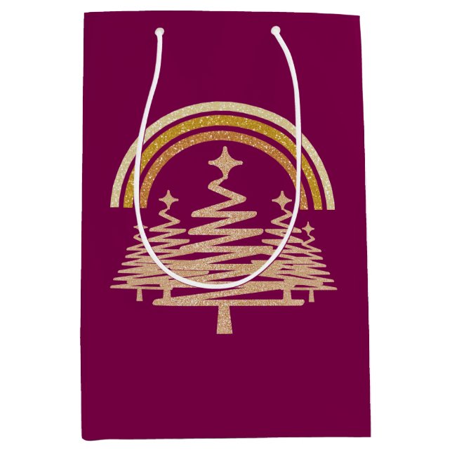 Festive Gold Rainbow Sparkling Fir Trees Medium Gift Bag (Front)