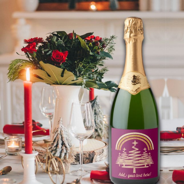 Festive Gold Rainbow Sparkling Fir Trees Wine Label (Creator Uploaded)