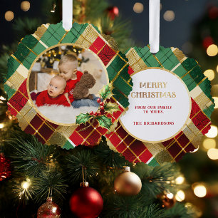 Festive Gold, Red & Green Christmas Plaid Photo Ornament Card