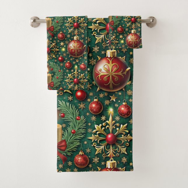 Festive Gold Red Ornaments Snowflakes Christmas Bath Towel Set (Insitu)