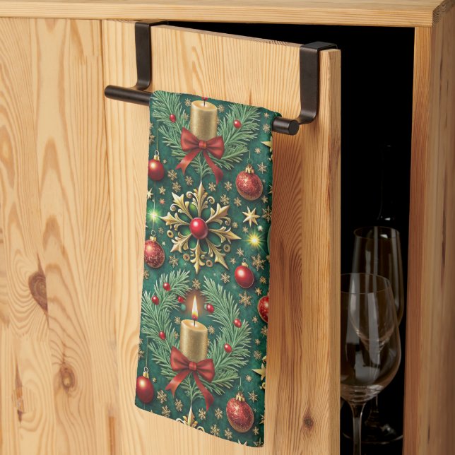 Festive Gold Red Ornaments Snowflakes Christmas Kitchen Towel (Thirds Fold)