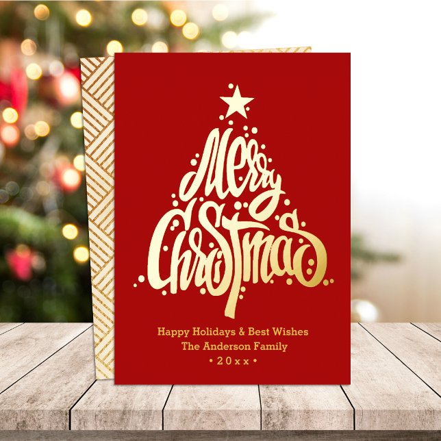 Festive Gold Script Merry Christmas Pine Tree Red Foil Holiday Card (Creator Uploaded)