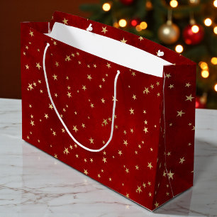 Festive Gold Star Burgundy Red Large Gift Bag