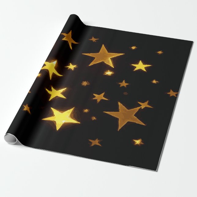 Festive Gold Stars on Black – Bold Glamorous Gift  Wrapping Paper (Unrolled)
