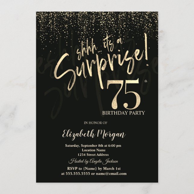 Festive Gold Surprise 75th Birthday Party Invitation (Front)