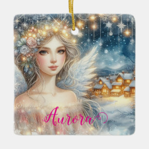 Festive Gold Watercolor Ethereal Frost Snow Angel Ceramic Ornament