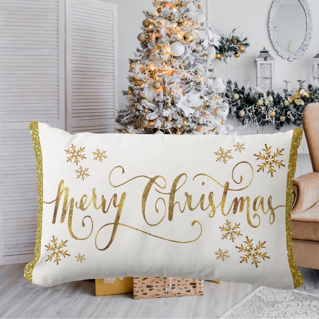 Festive Gold, White, Merry Christmas Lumbar Pillow (Festive Gold, White, Merry Christmas Lumbar Pillow)