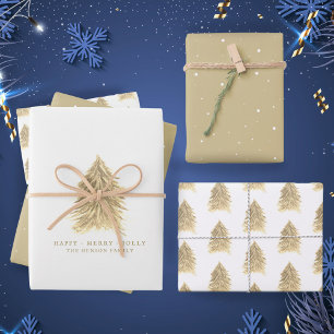 Festive Golden Christmas Tree Watercolor Holiday Wrapping Paper Sheet