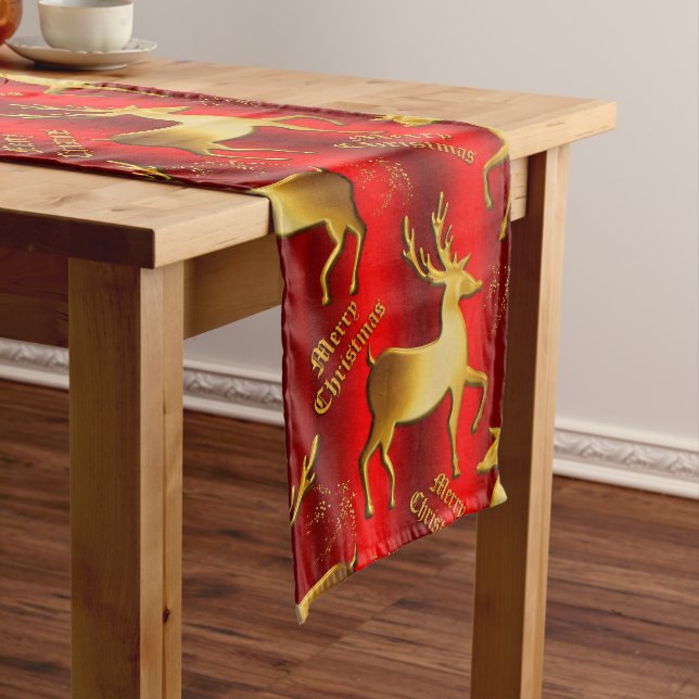 Festive Golden Deer on Red Christmas Long Table Runner (In Situ)