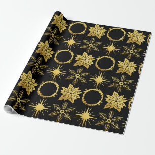 FESTIVE GOLDEN FLORAL CHRISTMAS PRINT XMAS BLACK WRAPPING PAPER