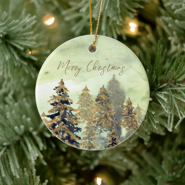 Festive Golden Green Christmas Trees Ceramic Ornament (Tree)