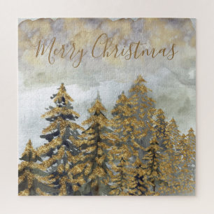 Festive Golden Green Christmas Trees Jigsaw Puzzle