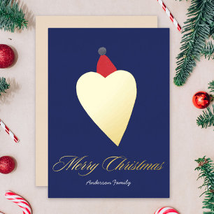 Festive Golden Heart with Christmas Hat Dark Blue Foil Holiday Card