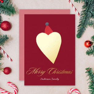 Festive Golden Heart with Christmas Hat Red Foil Holiday Card