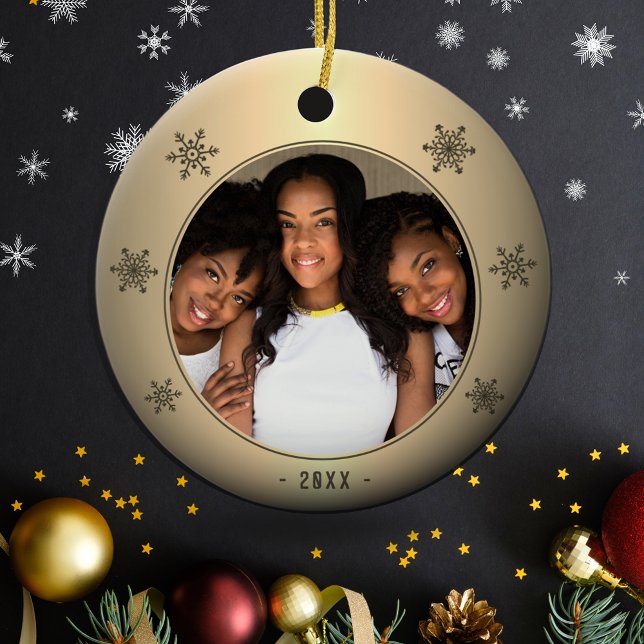 Festive Golden Metallic Snowflake Family Photo Ceramic Ornament (Creator Uploaded)