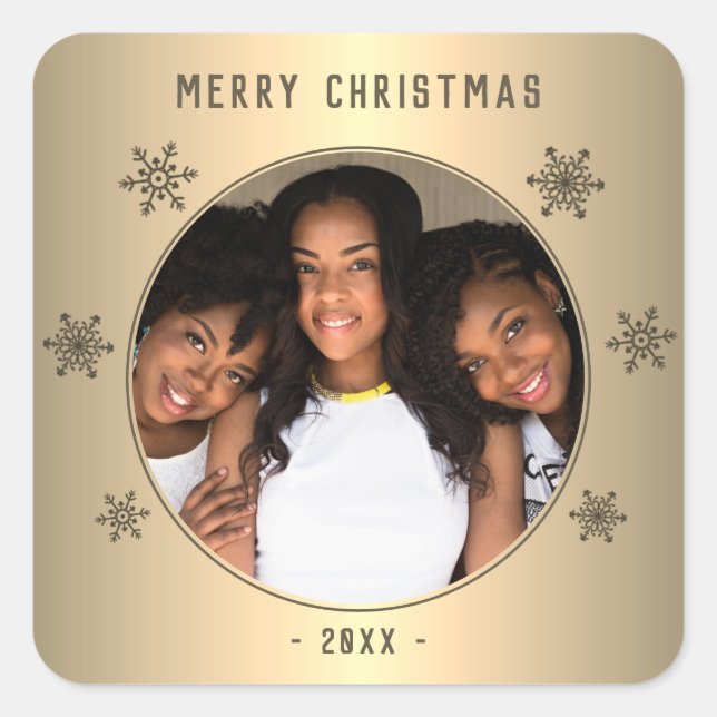Festive Golden Snowflake Metallic Family Photo  Square Sticker (Front)