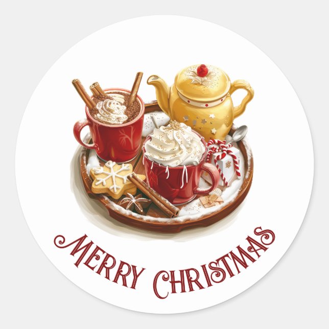 Festive Golden tea set, with hot Choco, Christmas Classic Round Sticker (Front)