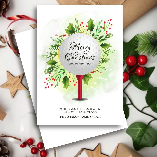 Festive Golf Tee Shot Christmas Greenery Holiday Card (Creator Uploaded)