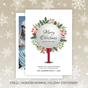 Festive Golf Tee Shot Christmas Greenery Photo Holiday Card