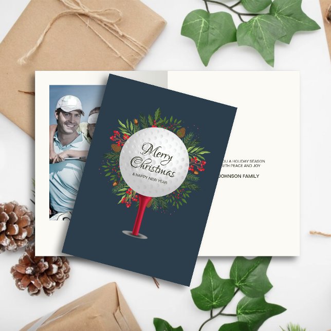 Festive Golf Tee Shot Christmas Greenery Photo Holiday Card (Creator Uploaded)