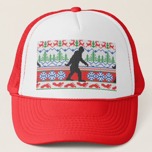Festive Gone Squatchin Ugly Christmas Sweater Knit Trucker Hat (Front)