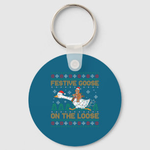 Festive Goose On The Loose Funny Gingerbread Ugly Keychain