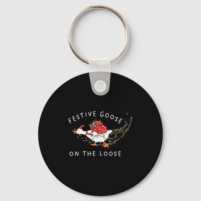 Festive Goose On The Loose Funny Goosemas Christma Keychain (Front)