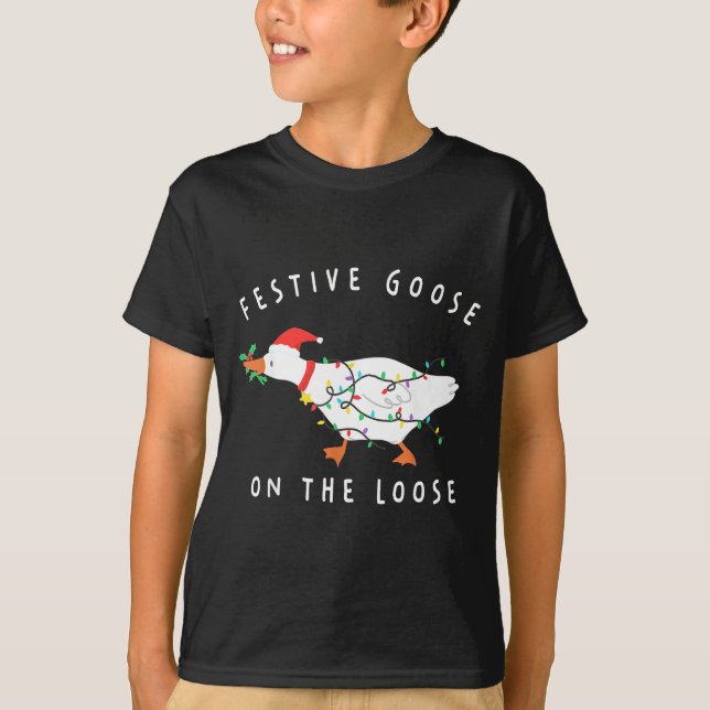 Festive Goose On The Loose Funny Silly Goose Retro T-Shirt (Front)