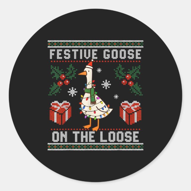 Festive Goose On The Loose Funny Ugly Sweater Chri Classic Round Sticker (Front)