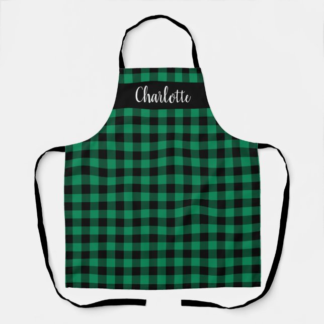 Festive Green and Black Buffalo Plaid Personalized Apron (Front)