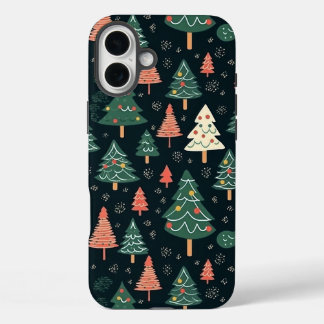  Festive Green and Coral Christmas Tree Pattern  iPhone 16 Plus Case