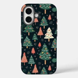  Festive Green and Coral Christmas Tree Pattern  iPhone 16 Case